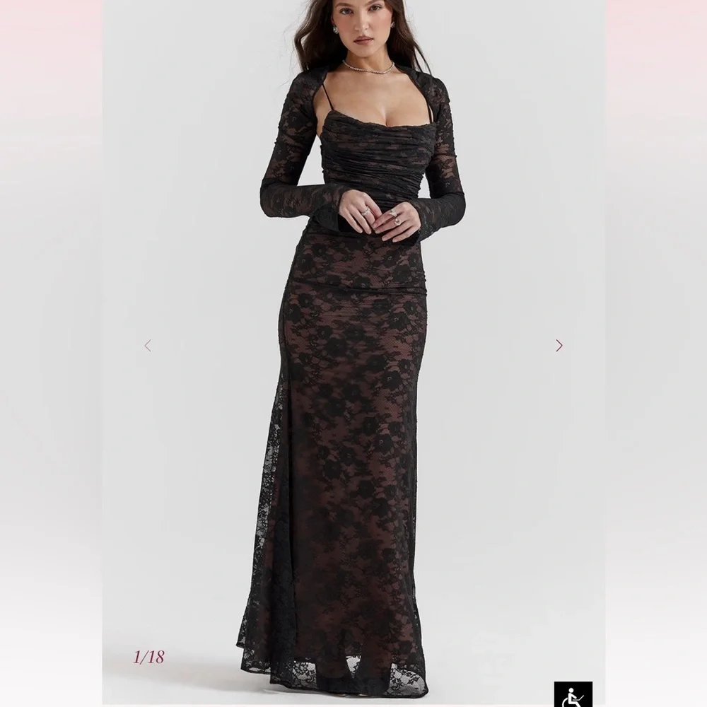 House of CB Artemis lace maxi dress with sleeves in black